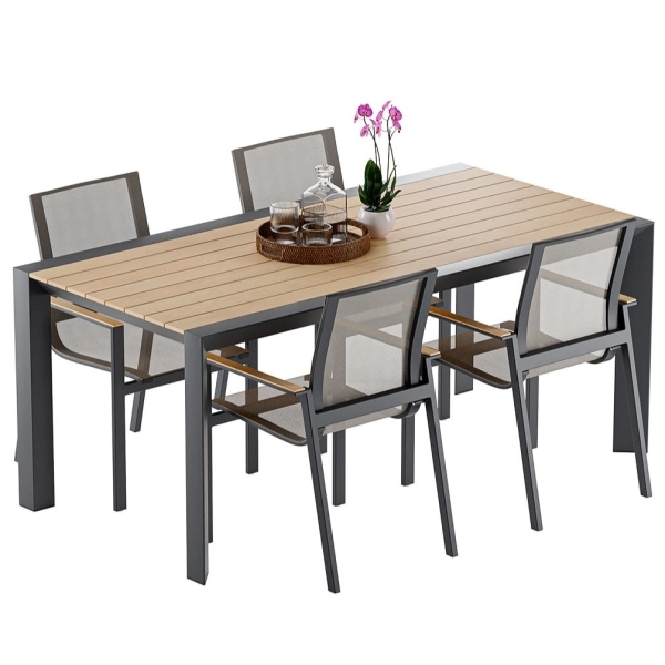 Zestaw jadalniany ogrodowy BELLANTI Verona Luna 4-osobowy Dark Grey – aluminiowy stół z blatem teak i krzesłami