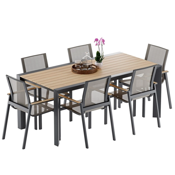 Zestaw jadalniany ogrodowy BELLANTI Verona Luna 6-osobowy | Dark Grey – aluminiowy stół z blatem teak i krzesłami