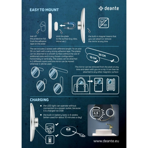 Lusterko kosmetyczne magnetyczne - podświetlenie LED Round Deante, chrom