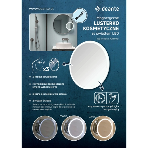Lusterko kosmetyczne magnetyczne - podświetlenie LED Round Deante, chrom