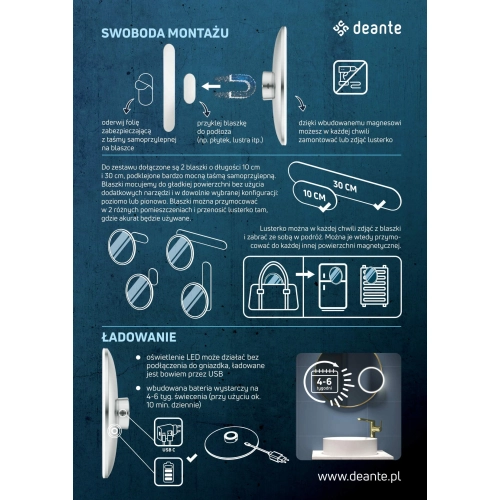Lusterko kosmetyczne magnetyczne - podświetlenie LED Round Deante, chrom