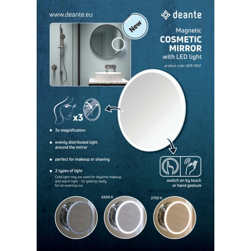 Lusterko kosmetyczne magnetyczne - podświetlenie LED Round Deante, chrom