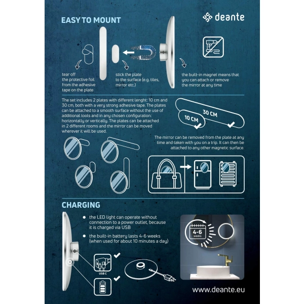 Lusterko kosmetyczne magnetyczne - podświetlenie LED chrom, Round Deante
