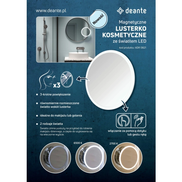 Lusterko kosmetyczne magnetyczne - podświetlenie LED chrom, Round Deante