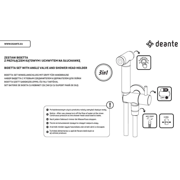 Zestaw bidetowy z uchwytem i przyłączem czarny mat Nero, Bidetta Deante