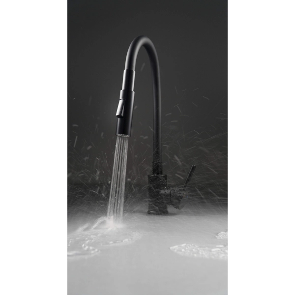 Bateria kuchenna z giętką wylewką - 2 tryby strumienia, czarny mat Nero, Luno Deante