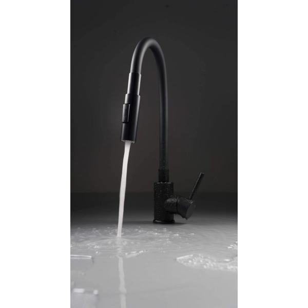 Bateria kuchenna z giętką wylewką - 2 tryby strumienia, czarny mat Nero, Luno Deante