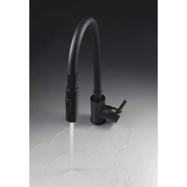 Bateria kuchenna z giętką wylewką - 2 tryby strumienia, czarny mat Nero, Luno Deante