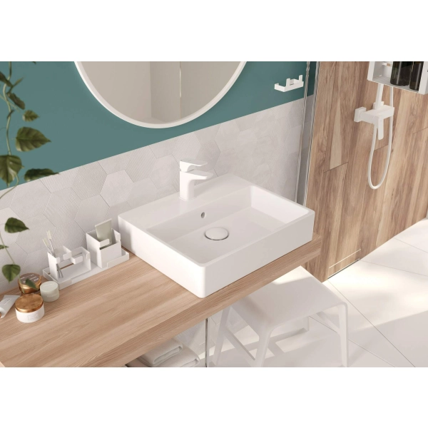 Umywalka nablatowa/ścienna 60x50 cm prostokątna biała, Temisto Deante