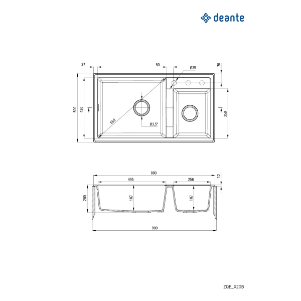 Zlewozmywak granitowy 2-komorowy, Deante, alabaster
