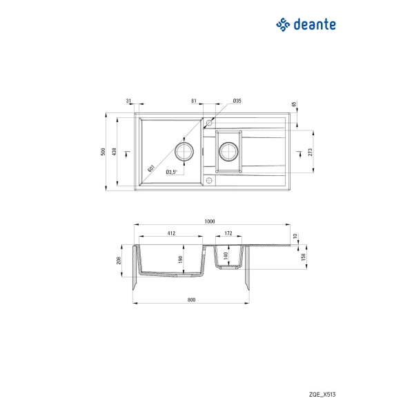 Zlewozmywak granitowy 1.5-komorowy z ociekaczem, Deante, grafit metalik