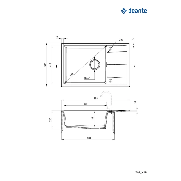 Zlewozmywak granitowy 1-komorowy z ociekaczem, Deante, antracyt metalik