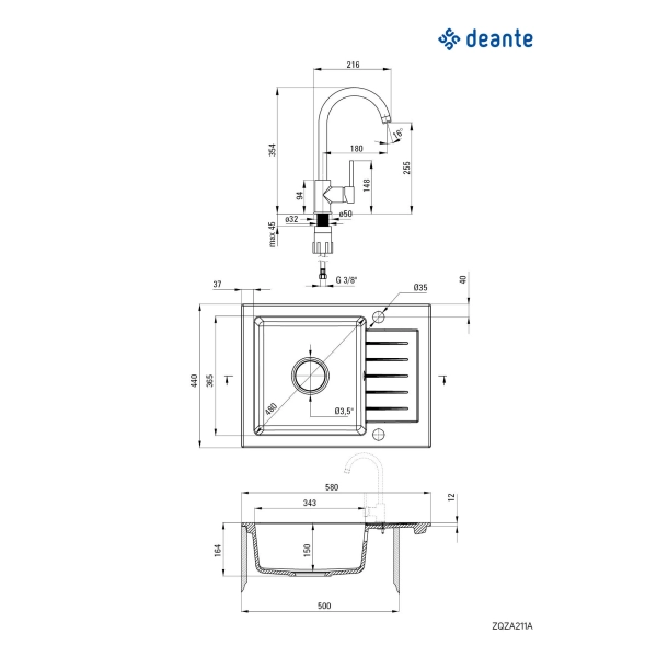 Zlewozmywak granitowy z baterią 1-komorowy z ociekaczem, Deante, grafit