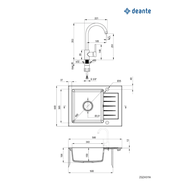 Zlewozmywak granitowy z baterią 1-komorowy z ociekaczem, Deante, szary metalik