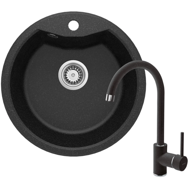 Zestaw Zlewozmywak granitowy 1-komorowy okrągły z baterią grafit, Solis Deante