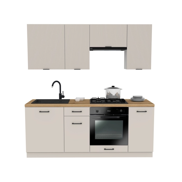 Zestaw mebli kuchennych Kaszmir mat ryflowany z blatem Dąb Evoke, SIMPLY 200 cm