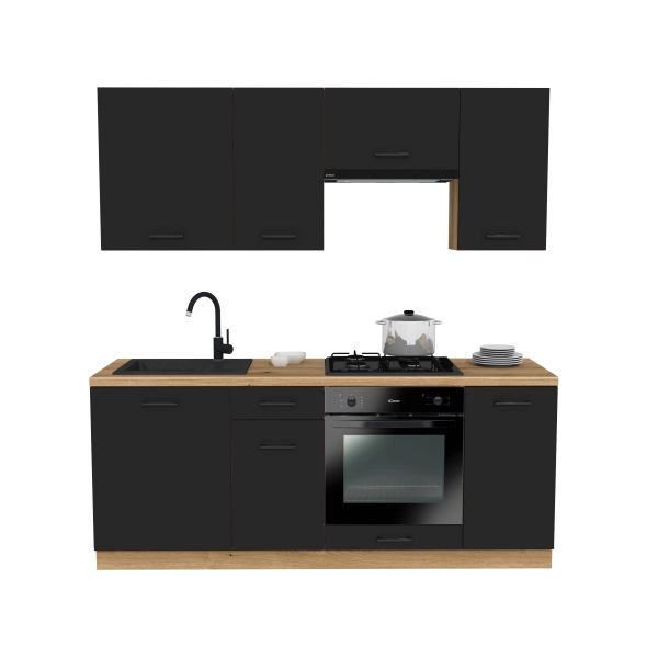Zestaw mebli kuchennych Czarny mat z blatem Dąb Evoke, SIMPLY 200 cm