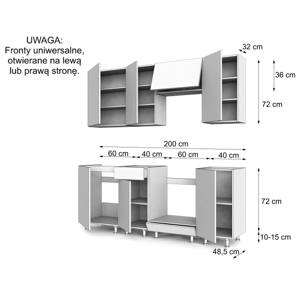Zestaw mebli kuchennych Czarny mat z blatem Dąb Evoke, SIMPLY 200 cm