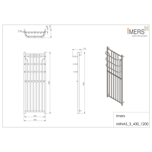 Grzejnik łazienkowy MINAS 3 mosiądz 430x1200mm 400W Imers