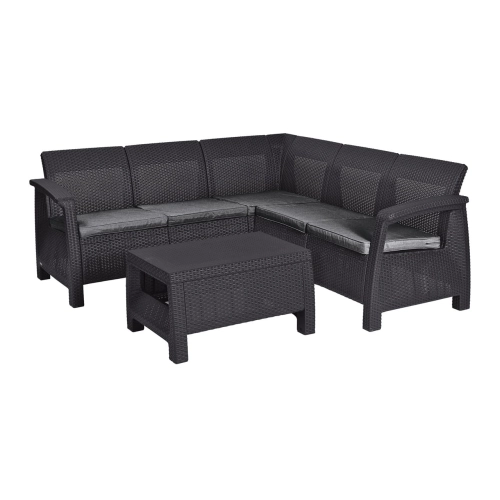 Narożny zestaw ogrodowy KETER Corfu Relax Set – sofa narożna z poduszkami i stolik technorattan odporny na warunki atmosferyczn - grafit