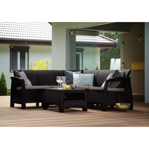Narożny zestaw ogrodowy KETER Corfu Relax Set – sofa narożna z poduszkami i stolik technorattan odporny na warunki atmosferyczn - grafit