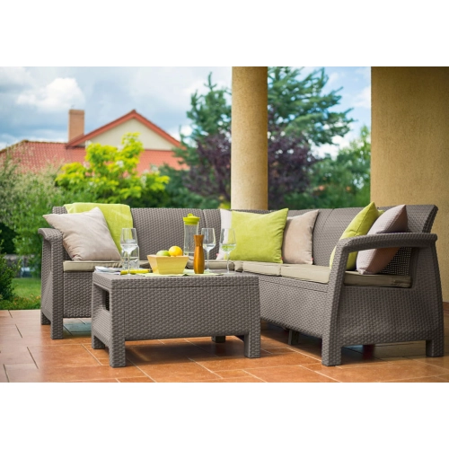 Narożny zestaw ogrodowy KETER Corfu Relax Set – sofa narożna z poduszkami i stolik technorattan odporny na warunki atmosferyczn - grafit
