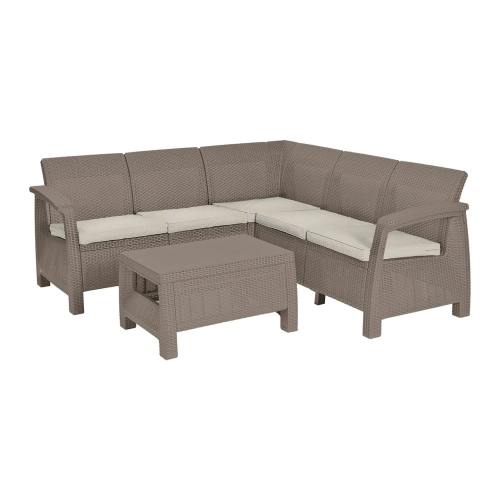 Narożny zestaw ogrodowy KETER Corfu Relax Set – sofa z poduszkami i stolik kawowy technorattan odporny na warunki atmosferyczne - beż