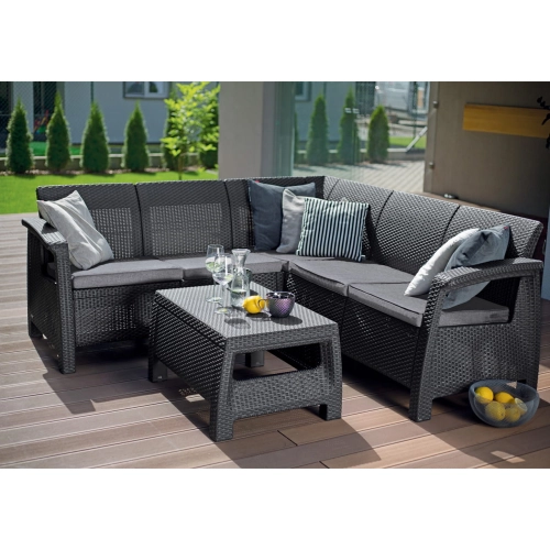 Narożny zestaw ogrodowy KETER Corfu Relax Set – sofa z poduszkami i stolik kawowy technorattan odporny na warunki atmosferyczne - beż