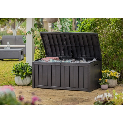 Skrzynia ogrodowa KETER Glenwood Storage Box 390 l. – stylowy schowek i siedzisko 2w1 - grafit
