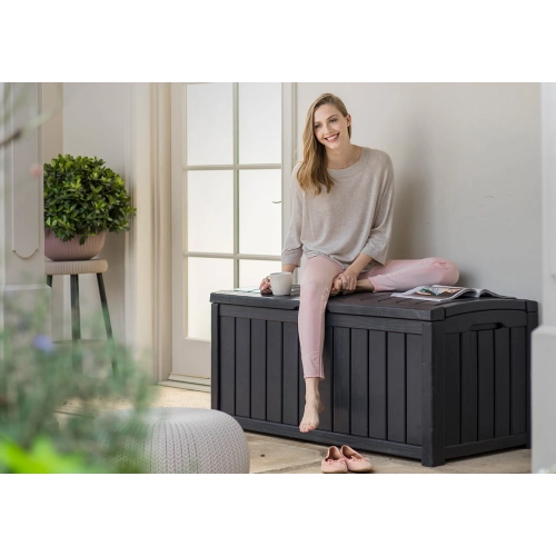 Skrzynia ogrodowa KETER Glenwood Storage Box 390 l. – stylowy schowek i siedzisko 2w1 - brąz
