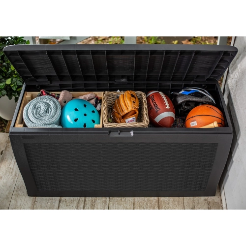 Skrzynia ogrodowa rattanowa KETER Samoa Rattan Box 270 l. – schowek na poduszki i akcesoria | Mobilna, odporna na warunki atmosferyczne