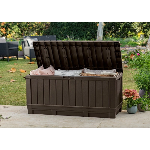 Skrzynia Ogrodowa KETER Kentwood Storage Box 350 l.– Schowek i Siedzisko 2w1 | Odporna na Warunki Atmosferyczne i UV - brąz