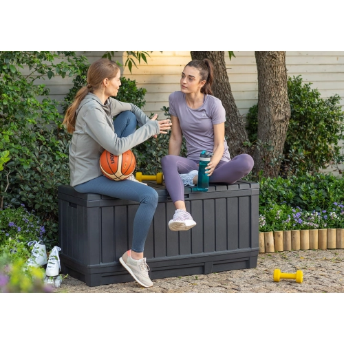 Skrzynia Ogrodowa KETER Kentwood Storage Box 350 l.– Schowek i Siedzisko 2w1 | Odporna na Warunki Atmosferyczne i UV - brąz