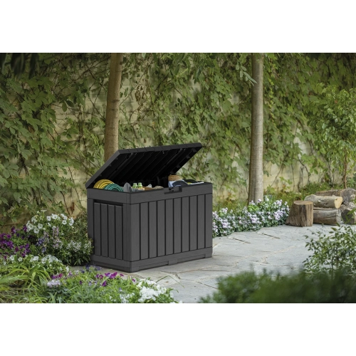 Skrzynia Ogrodowa KETER Kentwood Storage Box 190 l. – Schowek i Siedzisko 2w1 | Odporna na Warunki Atmosferyczne i UV - grafit
