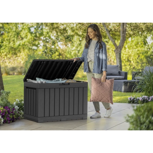 Skrzynia Ogrodowa KETER Kentwood Storage Box 190 l. – Schowek i Siedzisko 2w1 | Odporna na Warunki Atmosferyczne i UV - grafit