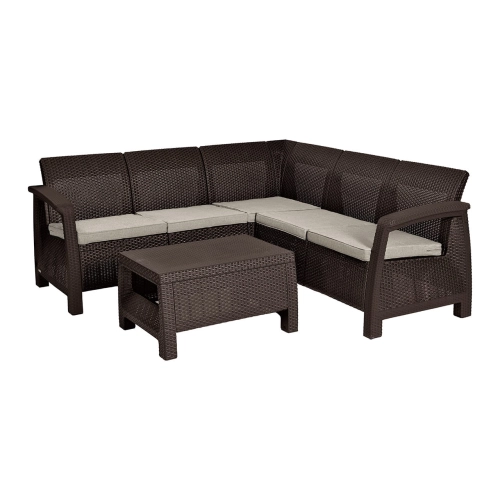 Narożny zestaw ogrodowy KETER Corfu Relax Set – sofa z poduszkami i stolik - technorattan odporny na warunki atmosferyczne - brąz