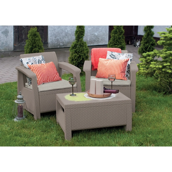 Zestaw balkonowy Corfu Weekend – 2 fotele z poduszkami i stolik z technorattanu - Cappuccino, KETER