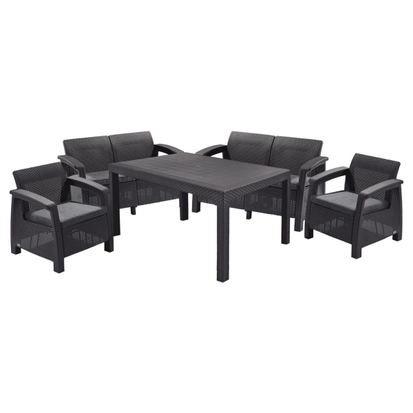 Zestaw mebli ogrodowych Corfu Fiesta 6-osobowy – 2 fotele, 2 sofy i duży stół - technorattan - grafit, KETER