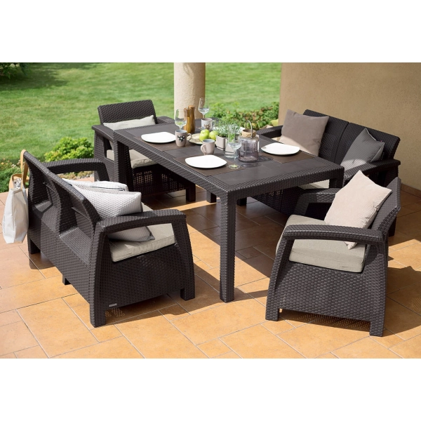 Zestaw mebli ogrodowych Corfu Fiesta 6-osobowy – 2 fotele, 2 sofy i duży stół - technorattan - grafit, KETER