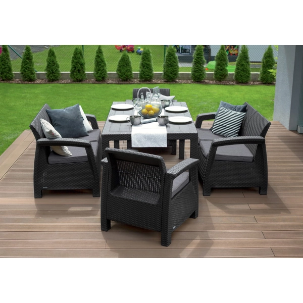 Zestaw mebli ogrodowych Corfu Fiesta 6-osobowy – 2 fotele, 2 sofy i duży stół - technorattan - grafit, KETER