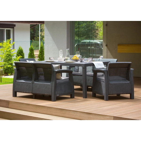 Zestaw mebli ogrodowych Corfu Fiesta 6-osobowy – 2 fotele, 2 sofy i duży stół - technorattan - grafit, KETER