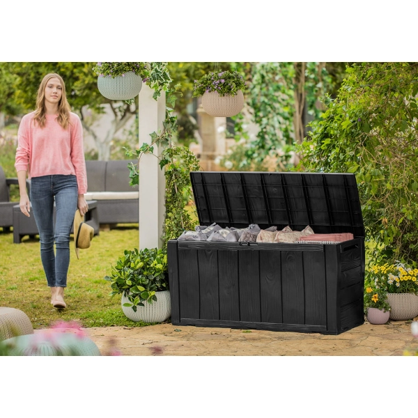 Stylowa skrzynia ogrodowa z imitacją drewna Sherwood Storage Box 270 l – Schowek na narzędzia i akcesoria - brąz, KETER