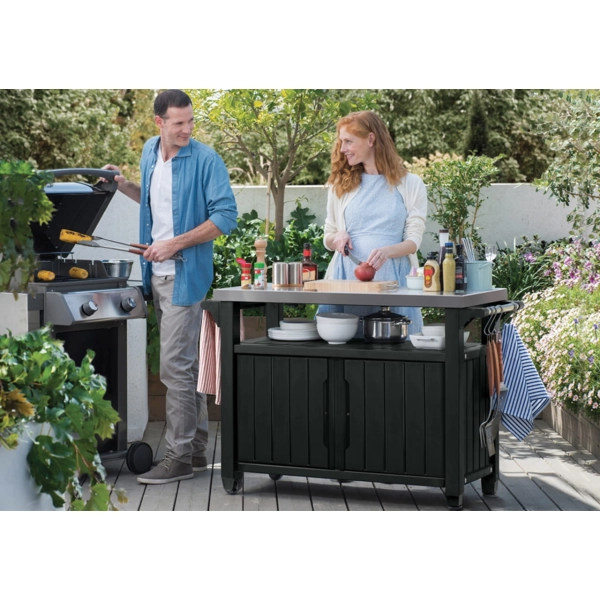 Stolik ogrodowy Unity Chef 207 l. – mobilna szafka z blatem ze stali nierdzewnej | Schowek na akcesoria grillowe i kuchenne - brąz, KETER