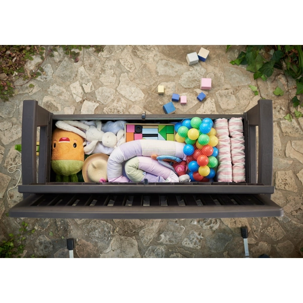 Ławka ogrodowa ze schowkiem Patio Bench 265 l., imitacja drewna, dla 2 osób - brąz, KETER