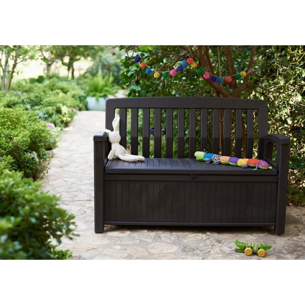 Ławka ogrodowa ze schowkiem Patio Bench 265 l., imitacja drewna, dla 2 osób - brąz, KETER