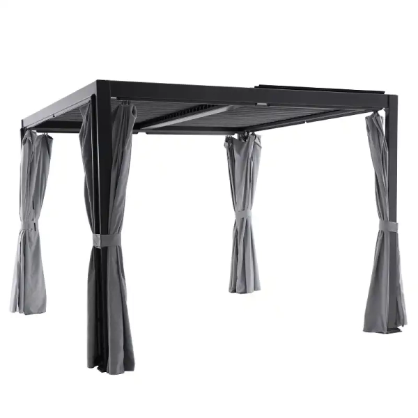 Pergola ogrodowa 3x3 m z zasłonami i regulowanym dachem antracyt aluminiowa, Curtano MWH