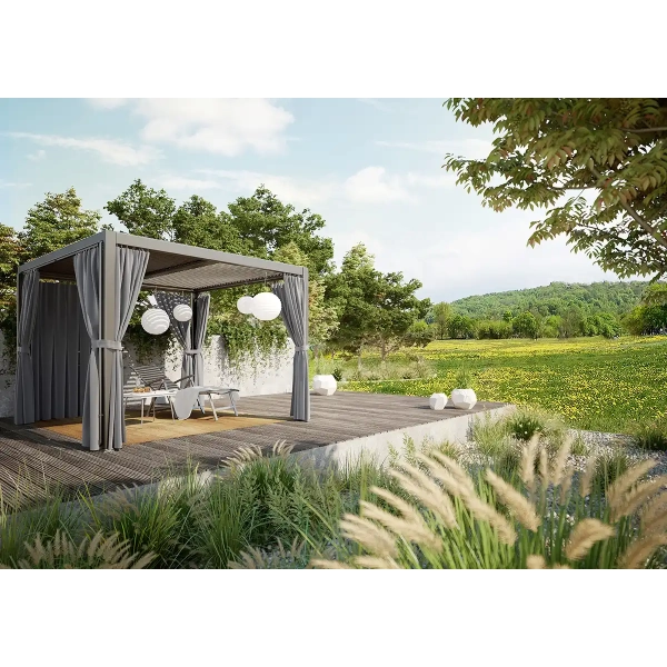 Pergola ogrodowa 3x3 m z zasłonami i regulowanym dachem antracyt aluminiowa, Curtano MWH