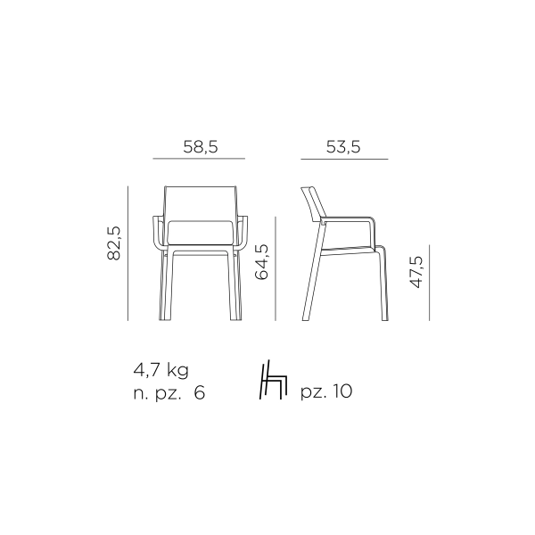 Zestaw mebli ogrodowych stolik kwadratowy CLIP 80 cm i czterykrzesła z podłokietnikiem TRILL ANTHRACITE antracyt, Nardi