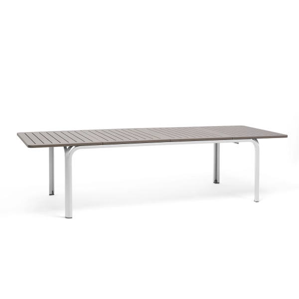 Zestaw mebli ogrodowych duży stół rozkładany 210-280x100 cm ALLORO i 8 krzeseł z podłokietnikiem PALMA TORTORA ciemny beż, Nardi