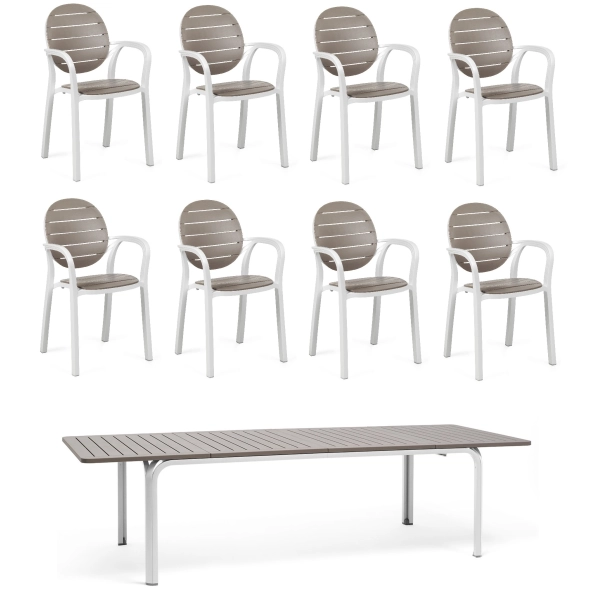Zestaw mebli ogrodowych duży stół rozkładany 210-280x100 cm ALLORO i 8 krzeseł z podłokietnikiem PALMA TORTORA ciemny beż, Nardi